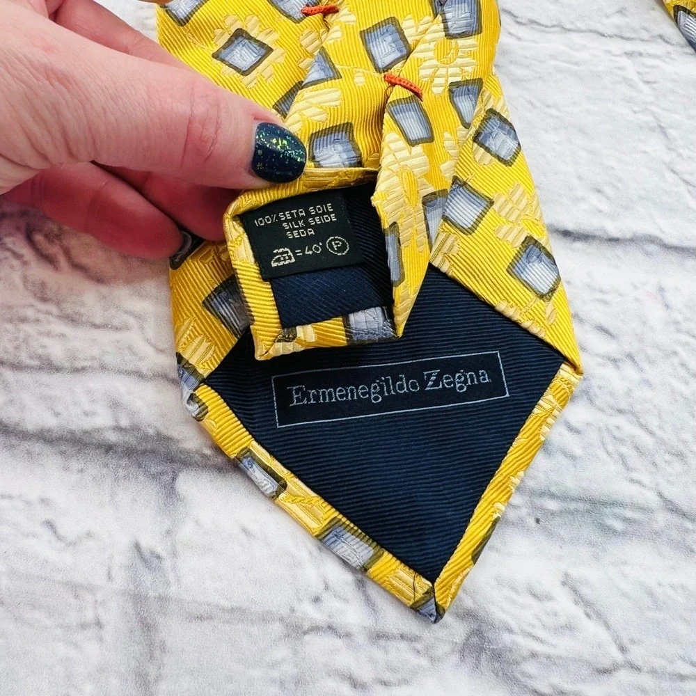Ermenegildo Zegna Silk Necktie Yellow Blue Diamond Pattern Mens Luxury Business